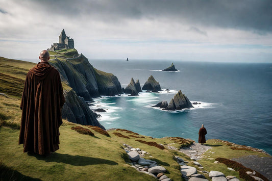 A monk watches a distant coastal sanctuary from a cliff.