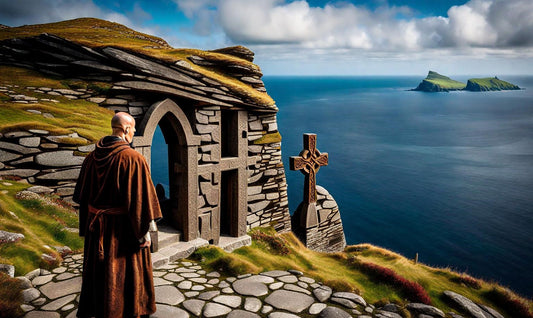 A monk stands at the entrance to a small island chapel.