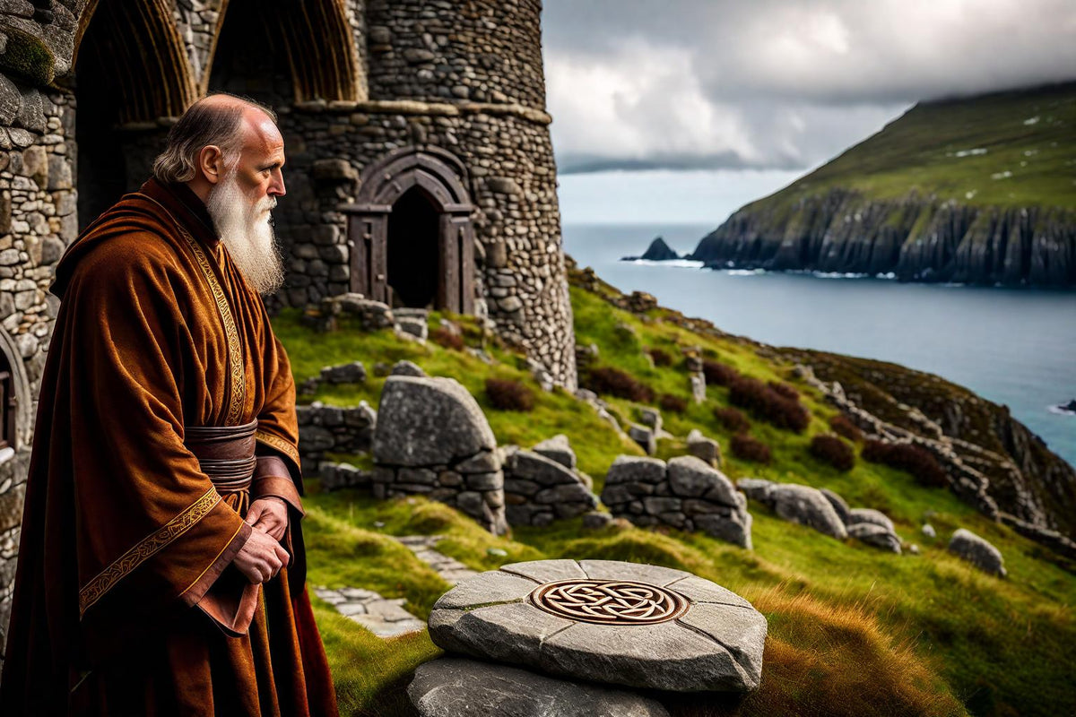 An elderly monk reflects beside carved stone and a coastal tower.