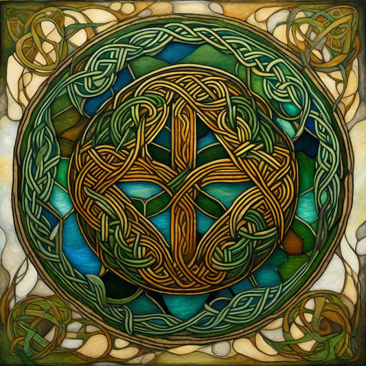A circular pattern combines green and gold around a cross-like centre.