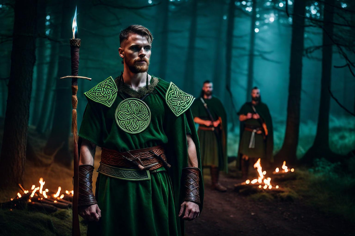 A warrior in green armour stands in a misty forest.