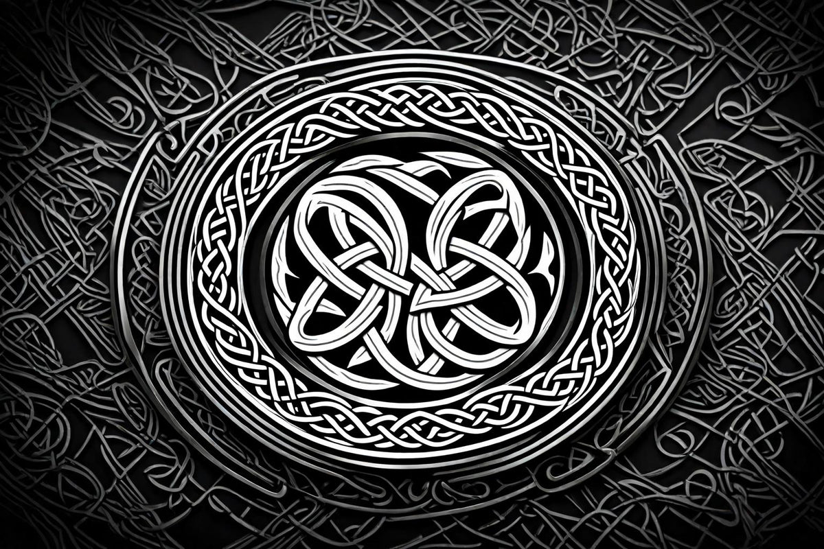 A luminous silver knot unfolds against dark interlacing forms.