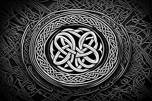 A luminous silver knot unfolds against dark interlacing forms.