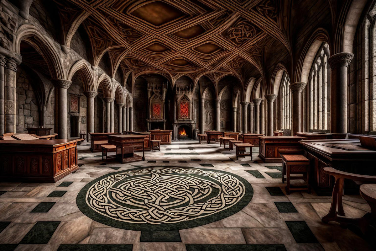 Benches surround a circular floor design beneath a timber roof.