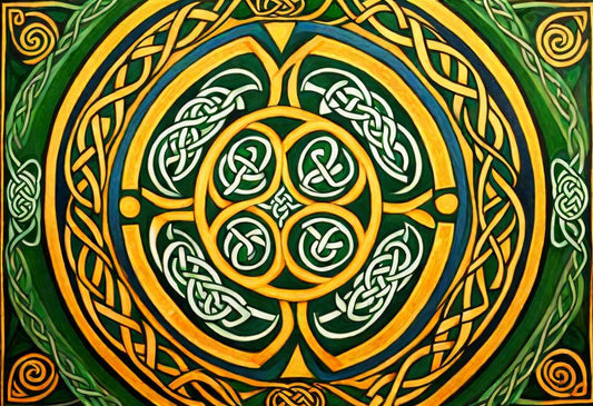 A symmetrical gold spiral pattern unfolds on an emerald field.