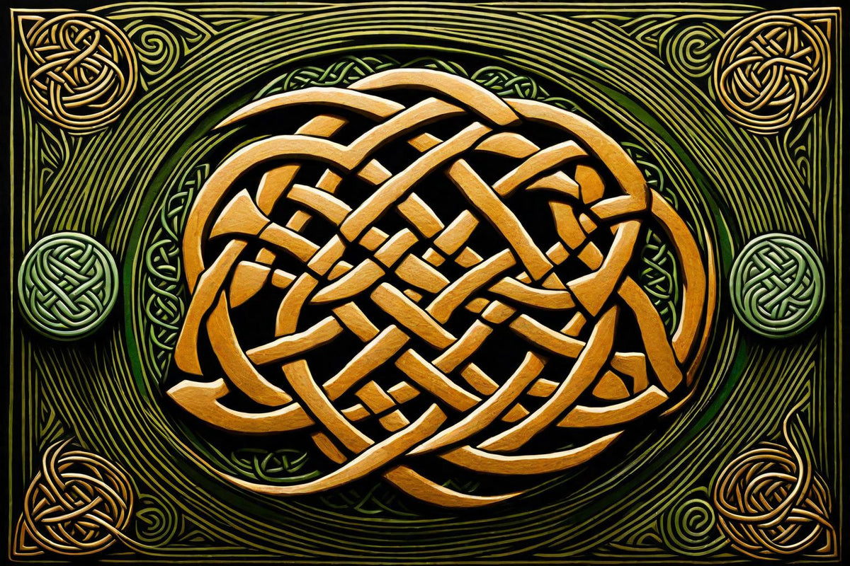 A gold interlaced knot rests against a deep green ground.