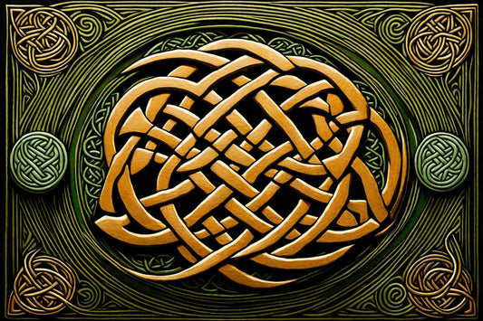 A gold interlaced knot rests against a deep green ground.