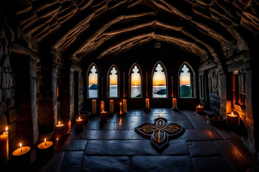 Candles and a central knot illuminate an intimate stone sanctuary.