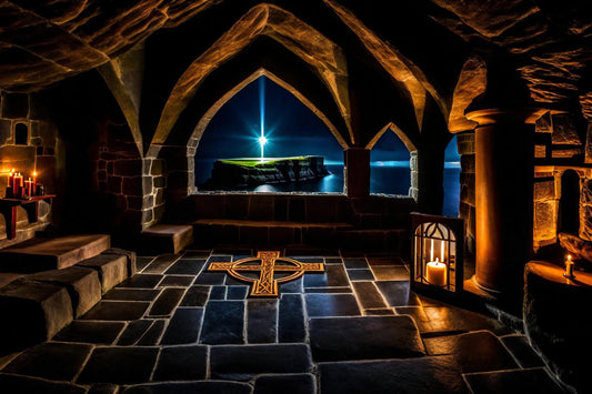 A cool blue glow shines from a stone chamber framed by warm lamps.