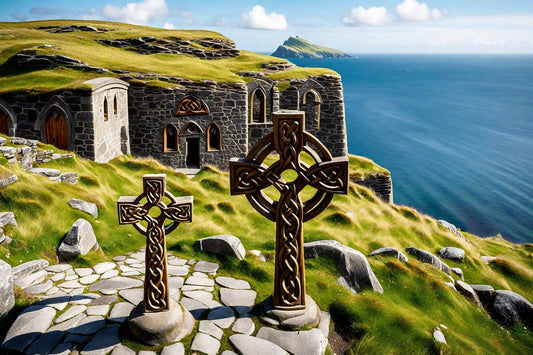 Two crosses stand above a rocky coastline and stone ruins.