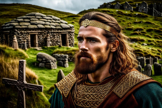 A crowned figure stands before weathered stone huts.