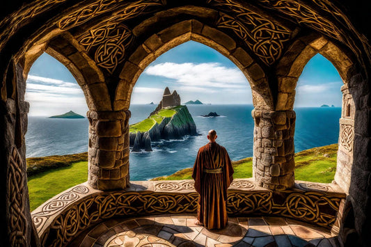 A monk looks through richly carved arches towards an island.