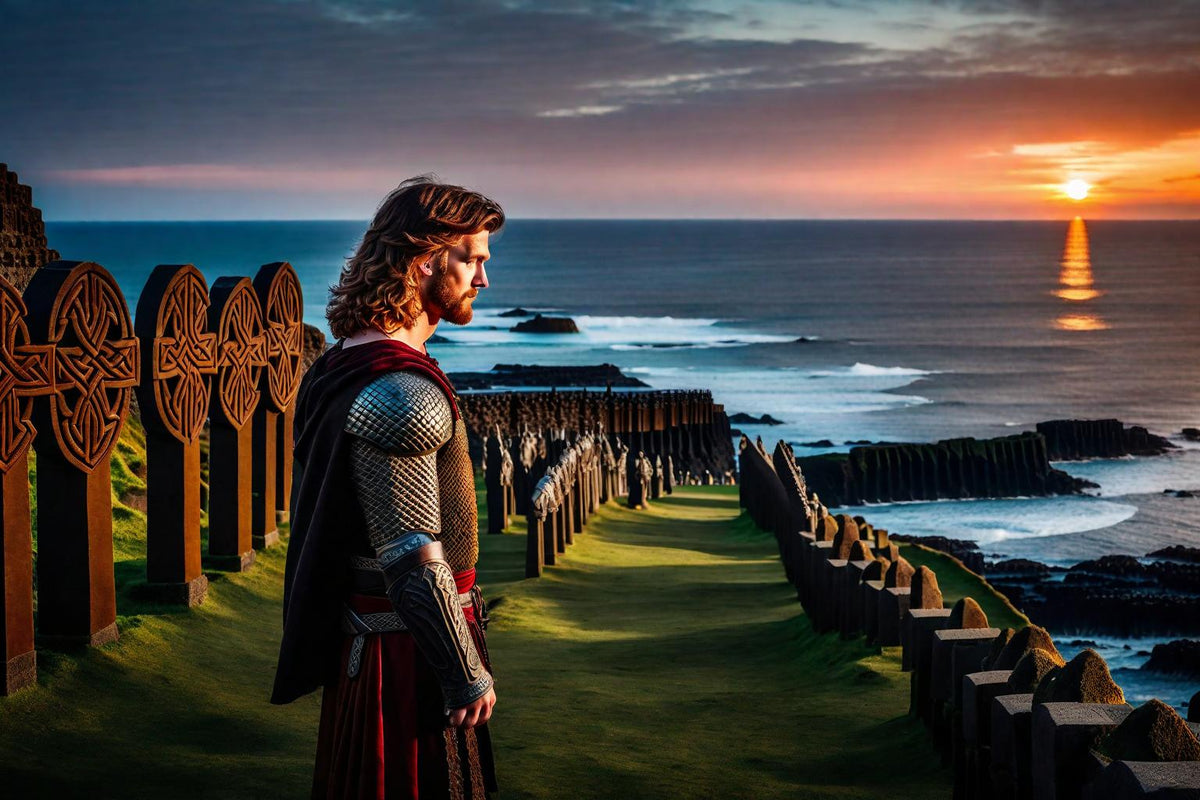 A warrior surveys a coast and crosses at sunset.