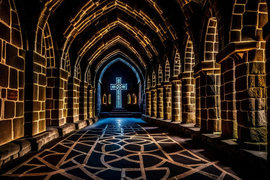 A patterned passage leads towards a glowing blue cross.