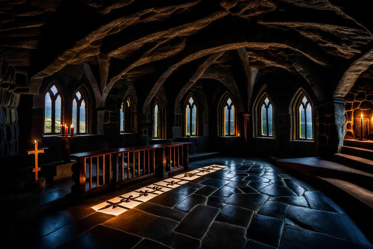 A patterned floor catches blue light beneath arched windows.