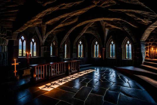 A patterned floor catches blue light beneath arched windows.