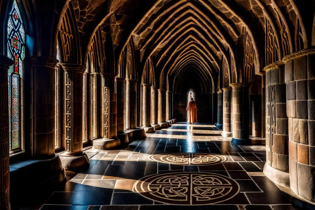 Bright morning light falls through the arches of a long hall.