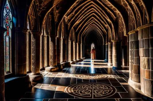 Bright morning light falls through the arches of a long hall.