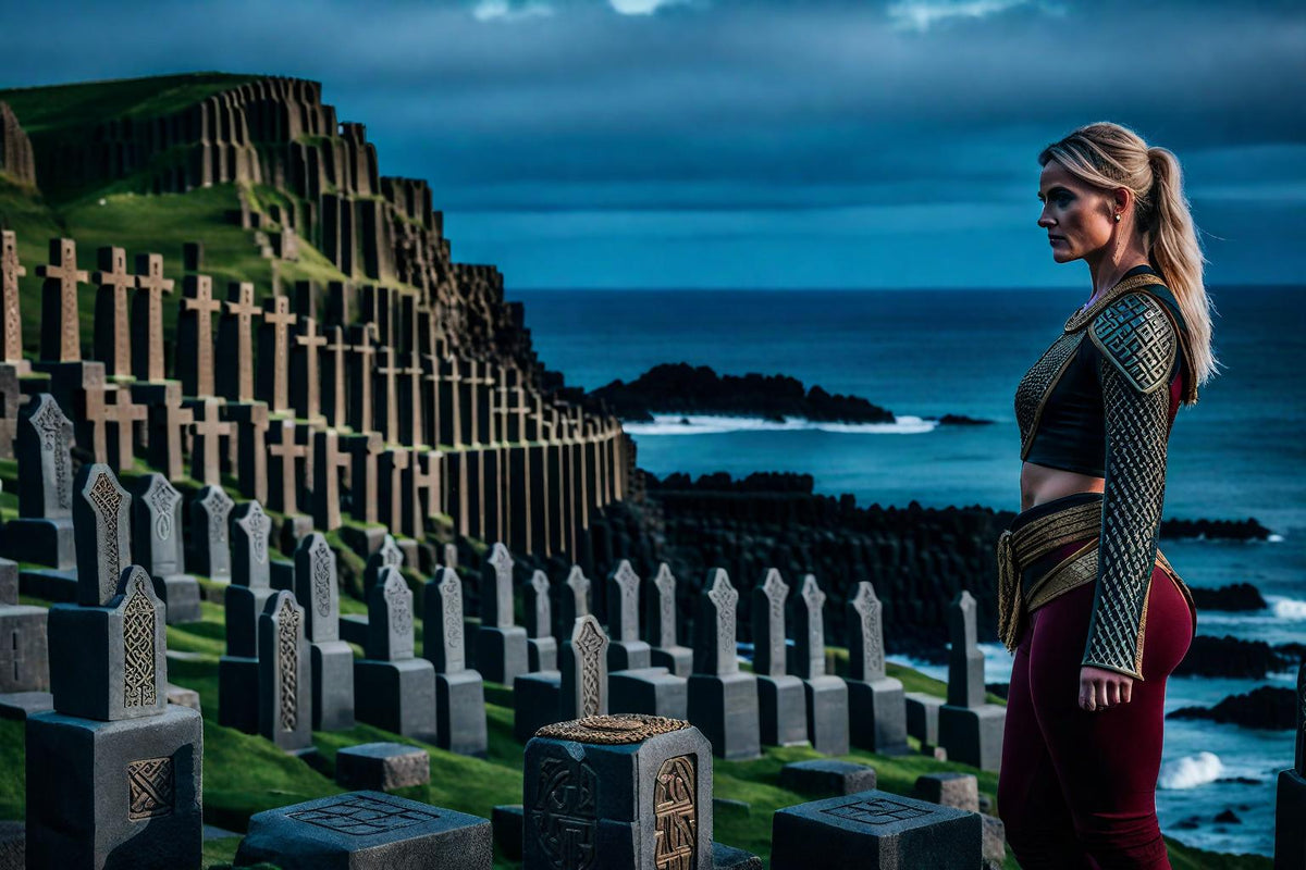 A woman looks across rows of stone crosses beside the sea.