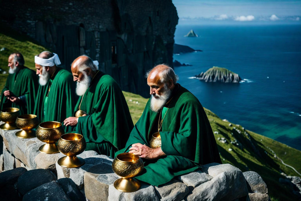 Monks sit beside the sea with golden vessels on a stone table.