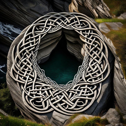 An open-centred ring of knotwork is carved into weathered stone.