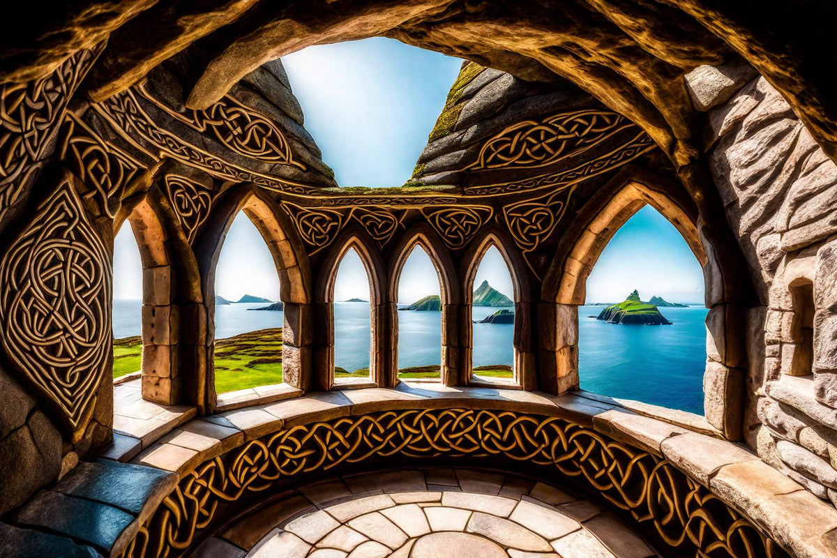 A richly carved roof opens to the sky above island-facing windows.