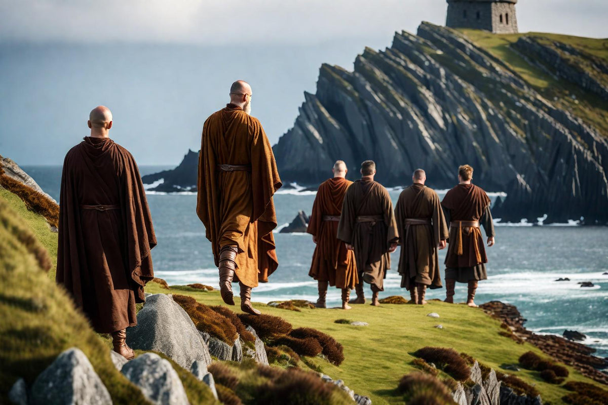 A group of monks follows a path beside towering cliffs.