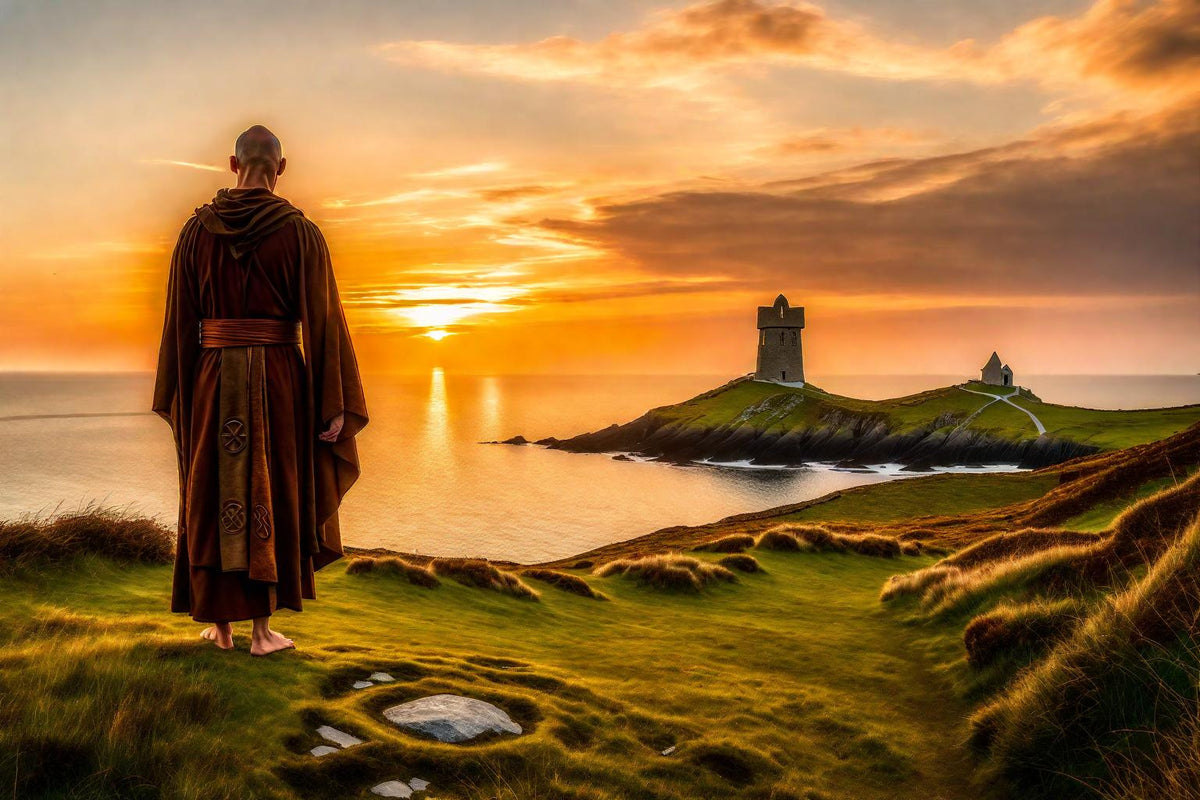 A robed figure faces the setting sun beside an island tower.
