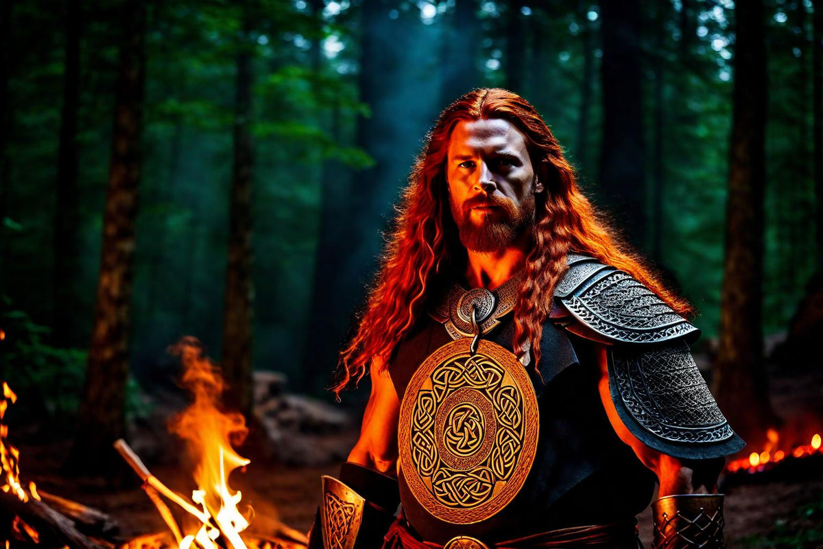 A red-haired champion stands in a forest lit by fire.