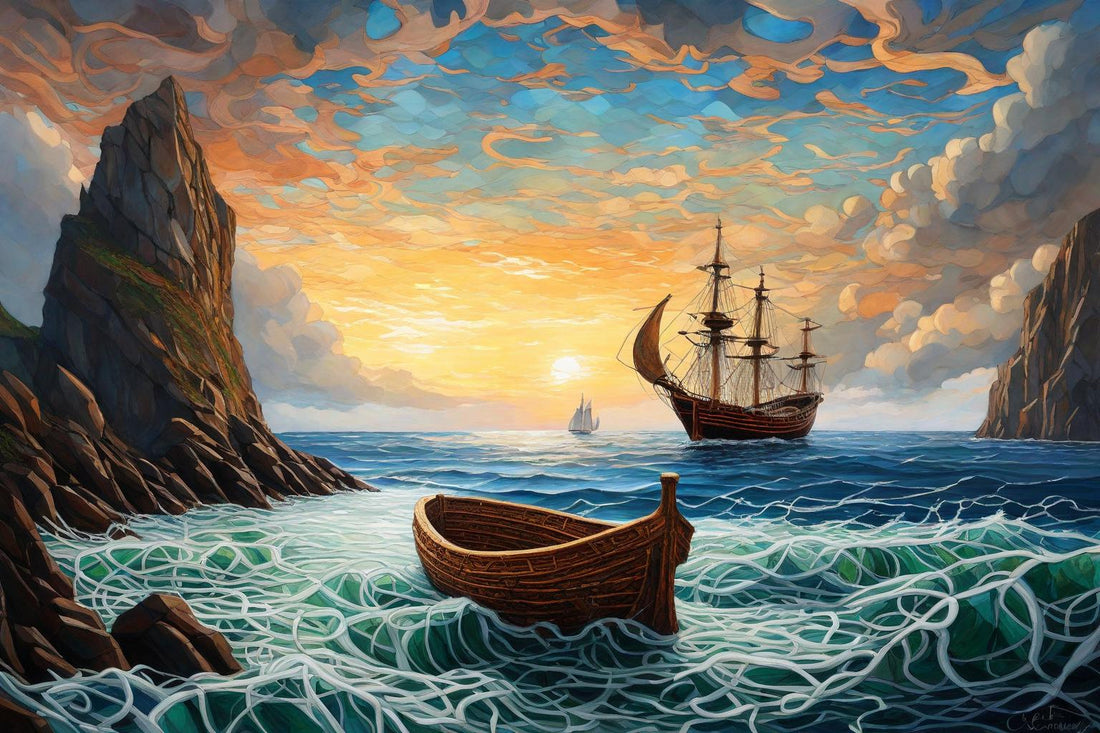 The Returning Boats shown at A4 scale in a room