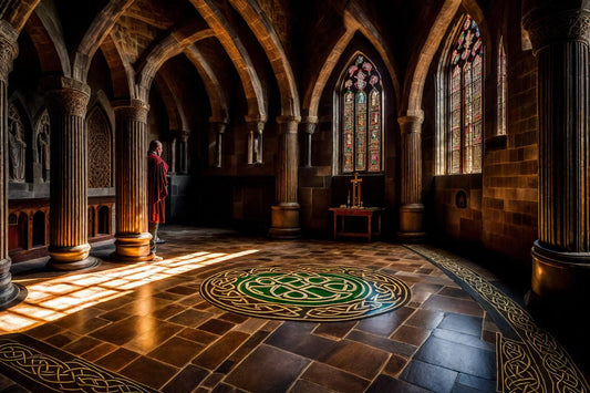 Sunlight crosses a vaulted hall and an intricate circular floor design.