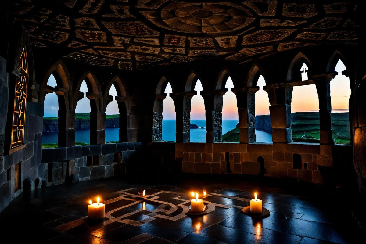 A ring of windows looks out across water from a candlelit room.
