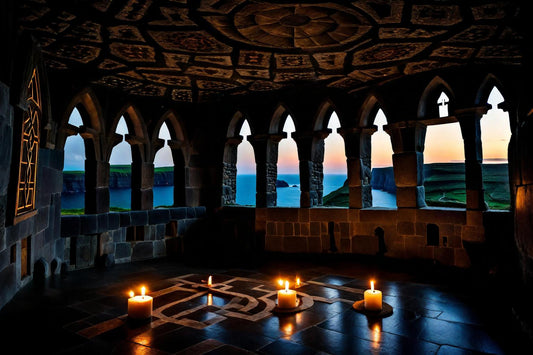 A ring of windows looks out across water from a candlelit room.