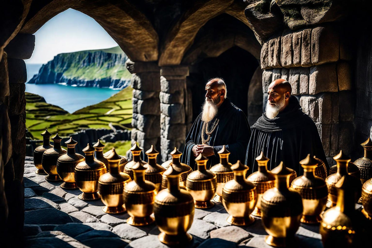 Two monks sit among vessels within a shadowed stone room.