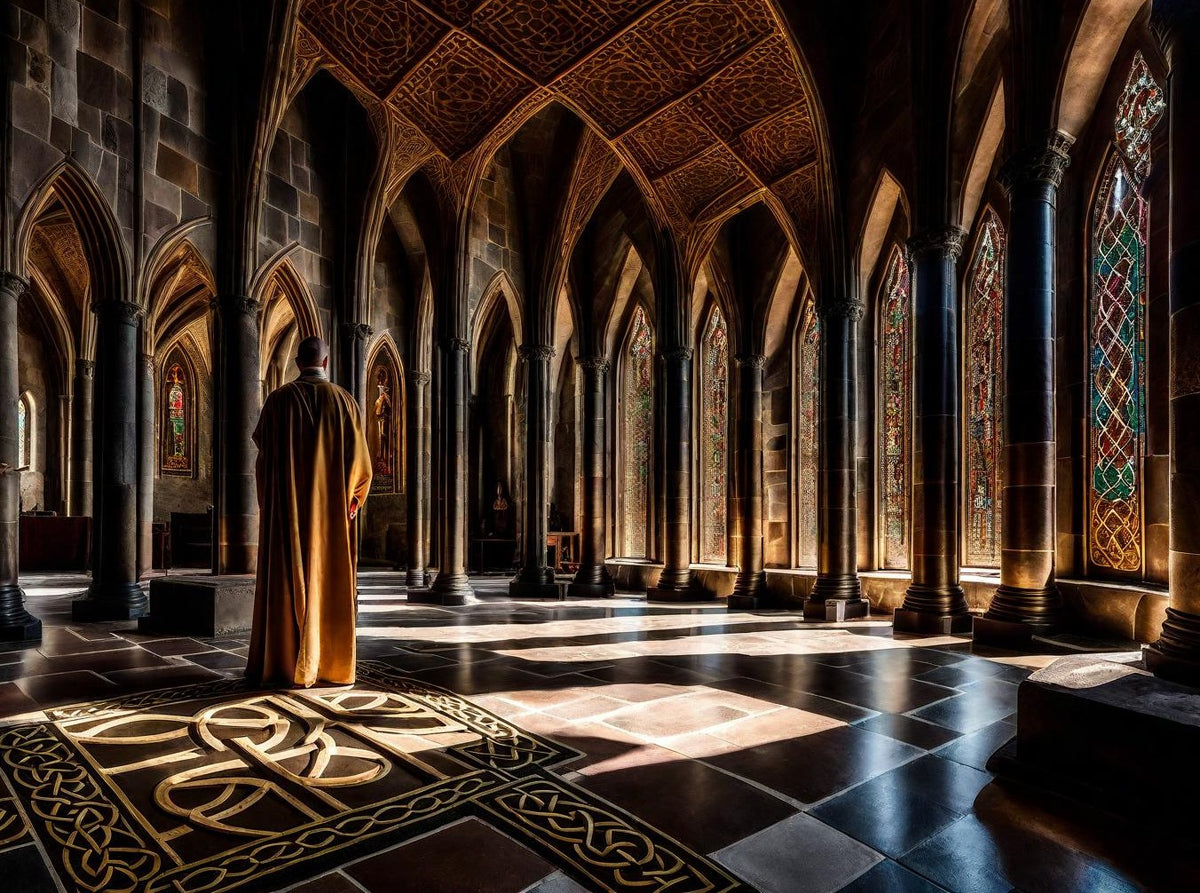 A solitary monk stands within an illuminated vaulted hall.
