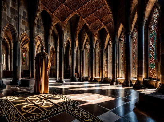A solitary monk stands within an illuminated vaulted hall.