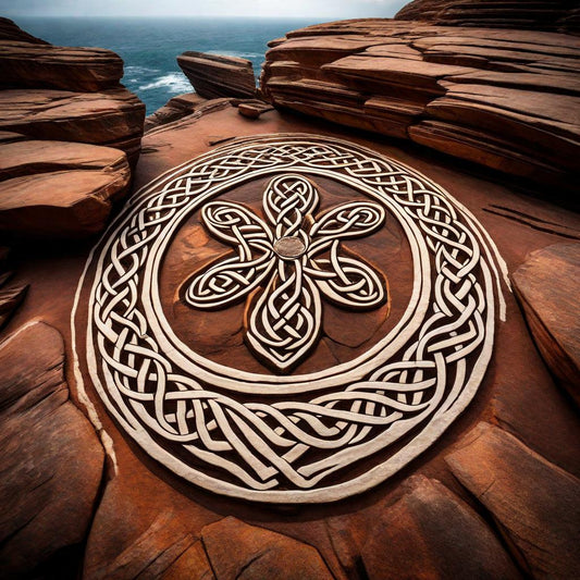 A clover-like knot is set within a round carved stone.