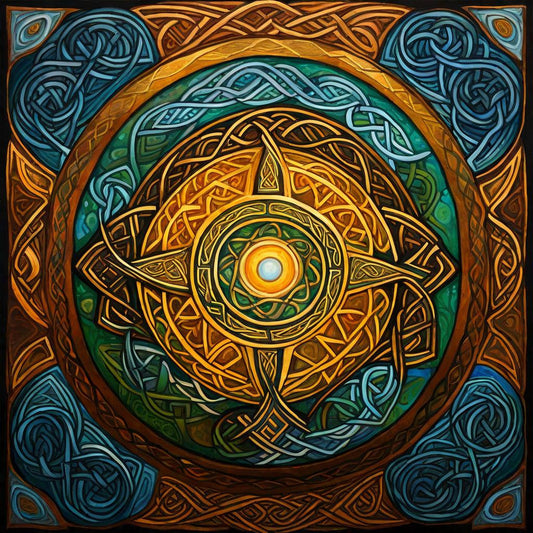 A gold sun is enclosed by circles of green and blue pattern.