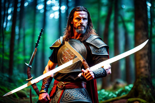 A warrior holds a bright sword in an emerald woodland.
