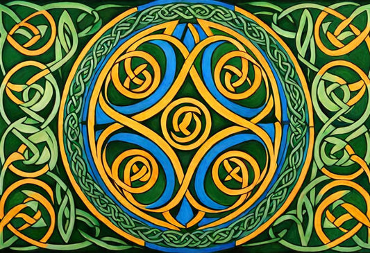 Golden spirals turn across a vivid blue and green design.