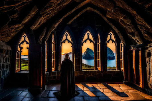 A solitary figure stands in an amber-lit vaulted room.