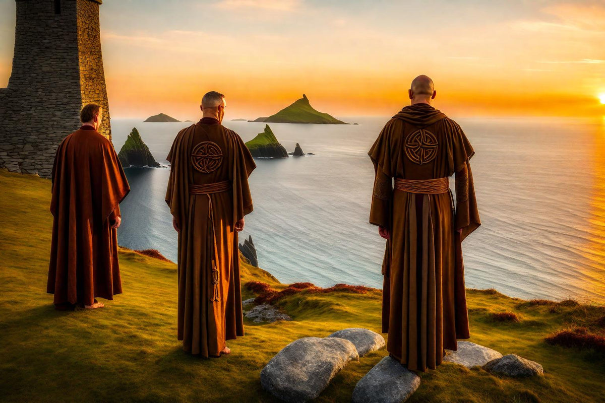 Three monks look out across a calm sea in golden light.