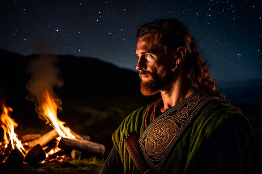 A solitary warrior reflects beside a small fire.
