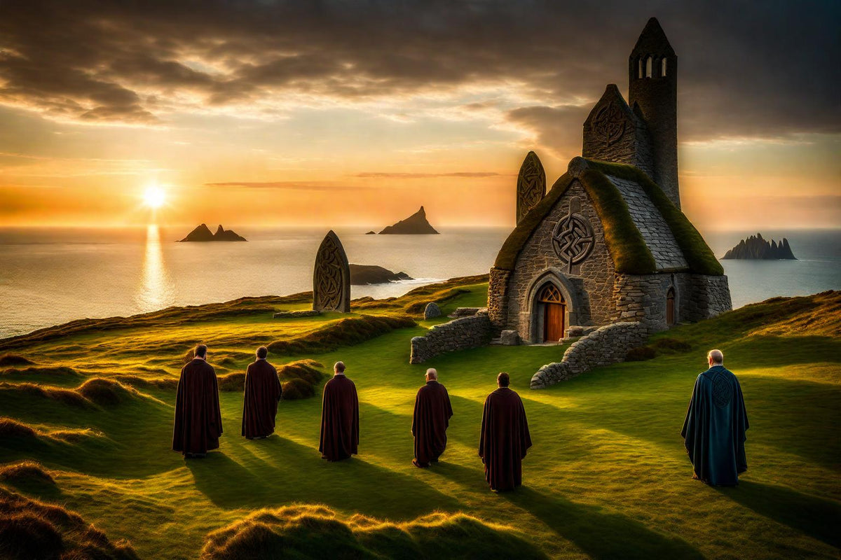 Robed figures gather near a chapel as the sun sets over water.