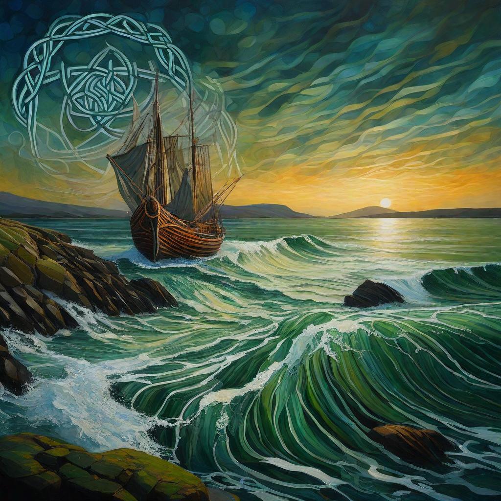 A small sailing vessel crosses a sea traced with Celtic forms.