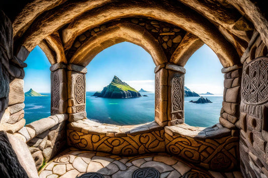 Carved arches frame a bright island view.